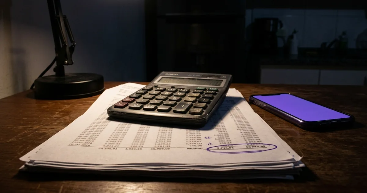 Uma pasta de contrato de financiamento imobiliário aberta com a linha da taxa grifada a caneta e uma chave apoiada sobre a folha, sob uma faixa de luz vinho.