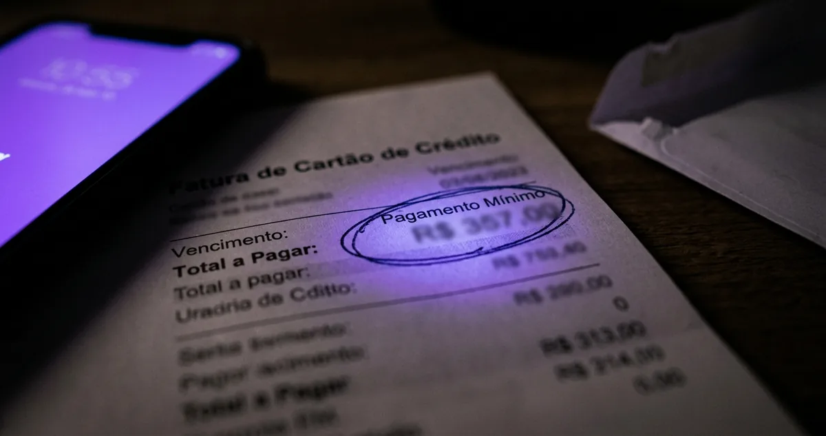 Extrato bancário na mesa, com três linhas de débito grifadas a caneta.
