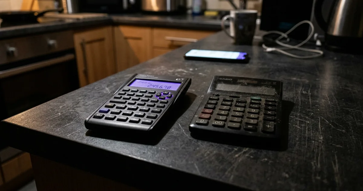 Dois cartões de crédito sobre uma fatura impressa, com calculadora.