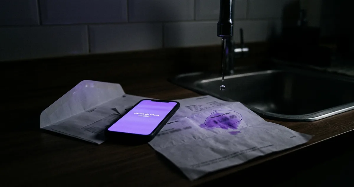 Celular preso no painel de um carro à noite, com recibo de oficina.