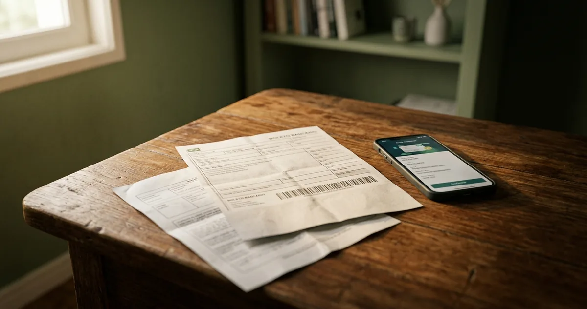 Um boleto impresso ao lado de um celular com a tela de transferência aberta, sobre a mesa de um escritório, sem pessoas