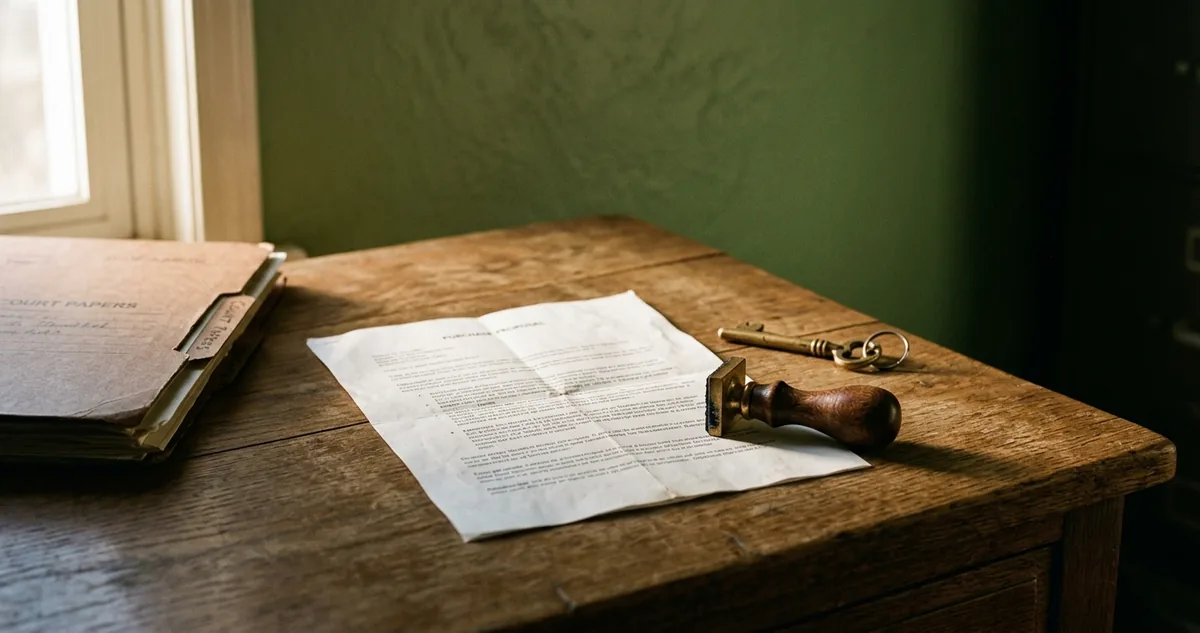 Uma proposta de compra datilografada sobre a mesa de um escritório, ao lado de um carimbo e de uma chave, sem pessoas