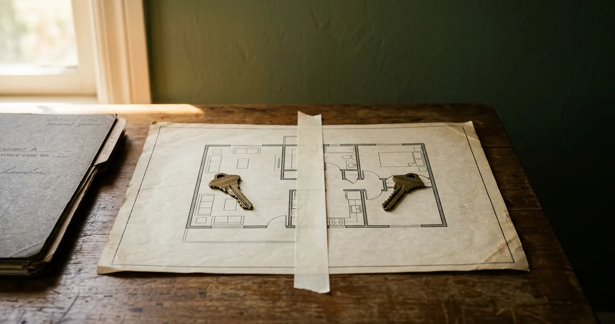 Uma planta baixa de apartamento sobre a mesa de um cartório, dividida ao meio por uma fita de papel, ao lado de duas chaves iguais, sem pessoas