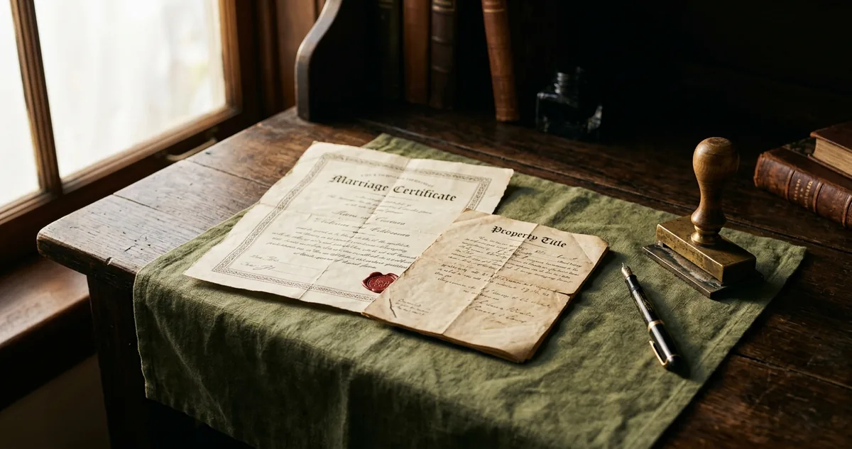 Uma certidão de casamento antiga sobre a mesa de um cartório, ao lado de uma matrícula de imóvel dobrada e uma caneta, sem pessoas