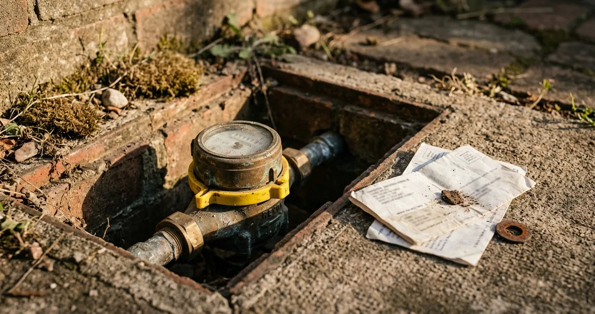 Hidrômetro lacrado com anel plástico dentro de caixa de alvenaria aberta, ao lado de faturas de água e energia vencidas sobre o chão de cimento, sem pessoas
