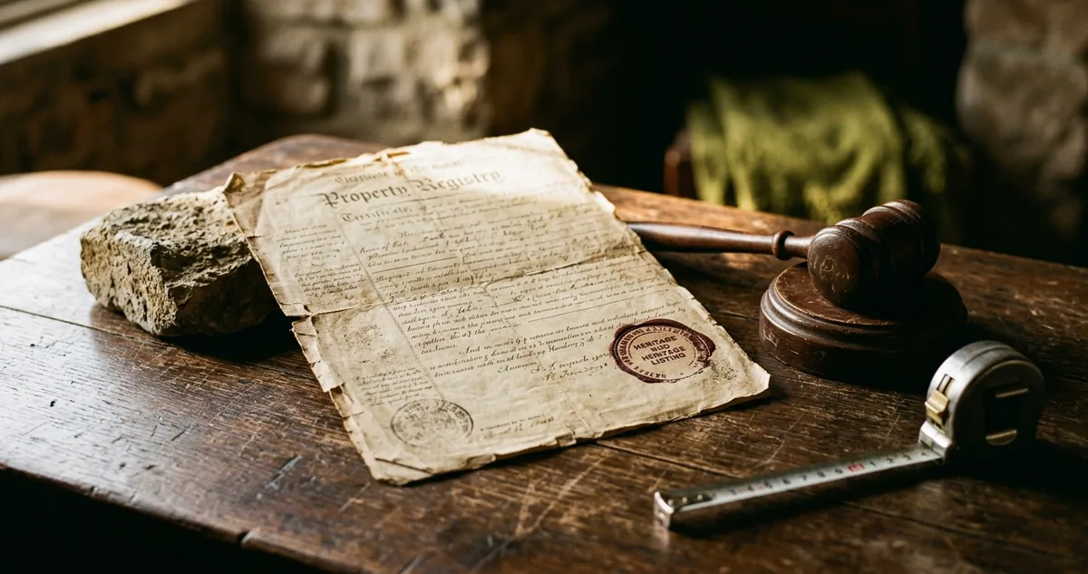 Certidão de matrícula com averbação de tombamento sobre mesa de madeira escura ao lado de martelo de leiloeiro e trena metálica junto a uma amostra de argamassa antiga, sem pessoas