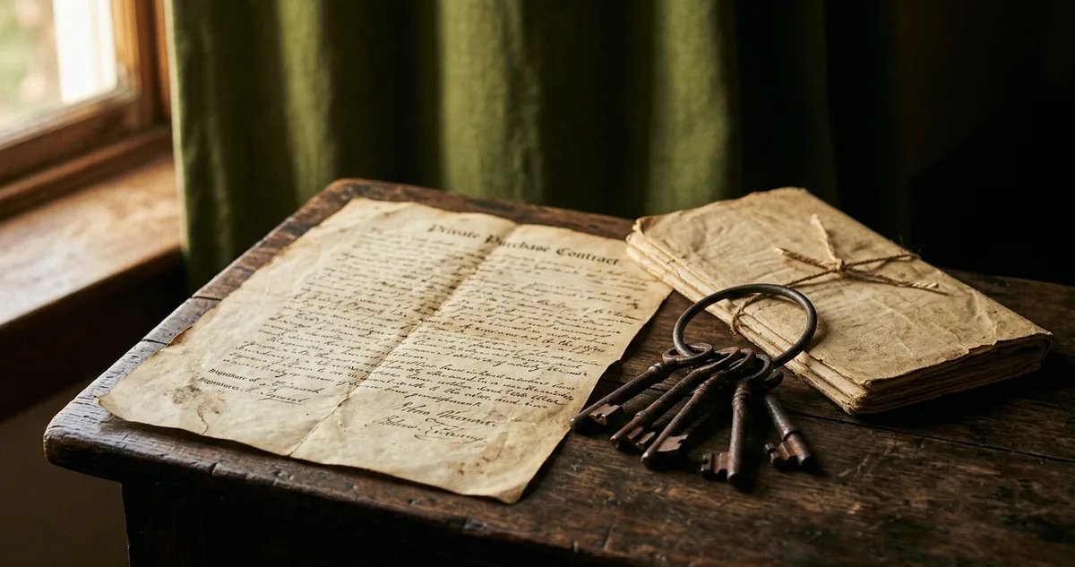Contrato particular de compra e venda amarelado sobre mesa de madeira escura, ao lado de um molho de chaves antigas e uma certidão de matrícula dobrada, sem pessoas