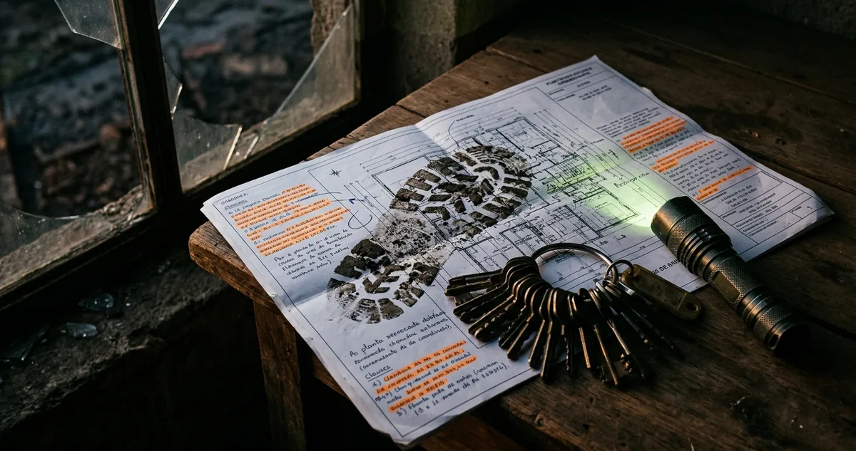 Matrícula de imóvel aberta sobre mesa de escrivaninha de cartório, com duas averbações marcadas a caneta, carta de arrematação dobrada ao lado e um molho de chaves sem etiqueta, sem pessoas
