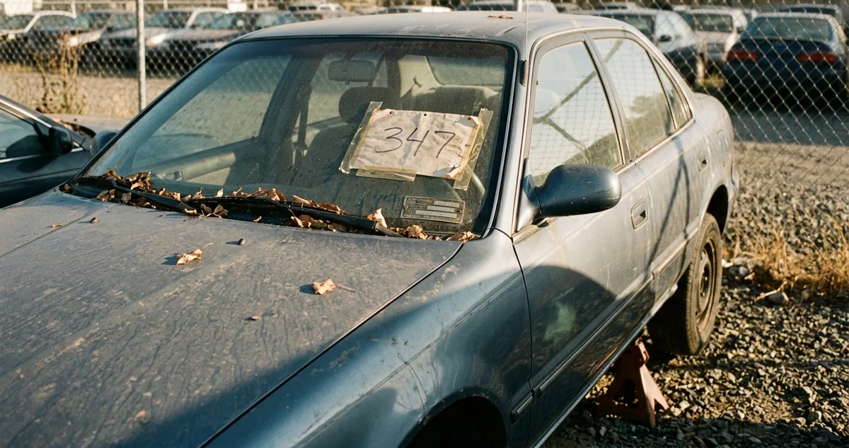 Carro empoeirado em pátio de leilão cercado, com etiqueta de lote no vidro e a plaqueta de identificação do chassi visível no vão do para-brisa.