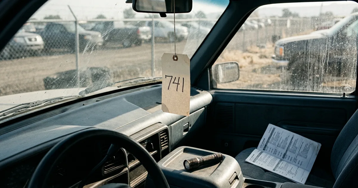 Etiqueta de lote presa no painel de um carro parado no pátio de uma leiloeira, com o vidro empoeirado e uma lanterna acesa sobre o console.