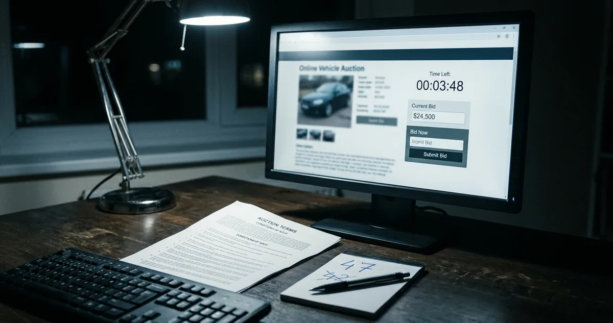 Tela de computador com a página de um pregão on-line aberta, cronômetro em contagem regressiva e o campo de lance em destaque, sobre uma mesa com o edital impresso.