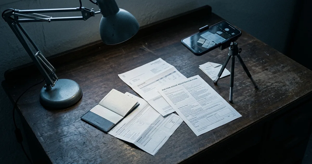 Mesa de escritório com documento de identidade, conta de luz e um formulário de habilitação de leiloeira impresso, ao lado de um celular fotografando os papéis.