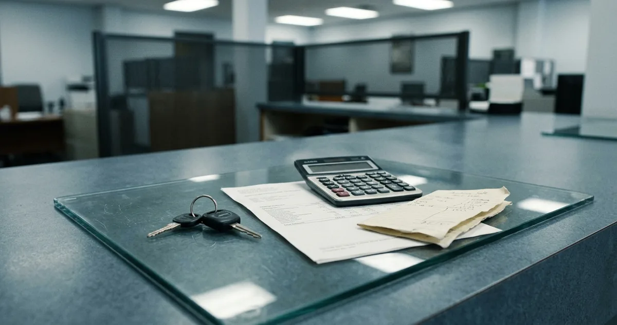 Balcão de correspondente bancário com uma calculadora, um extrato impresso e uma nota de arremate de leilão em cima do vidro.