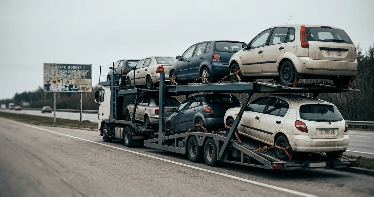 Cegonha carregada de veículos usados parada em acostamento de rodovia.