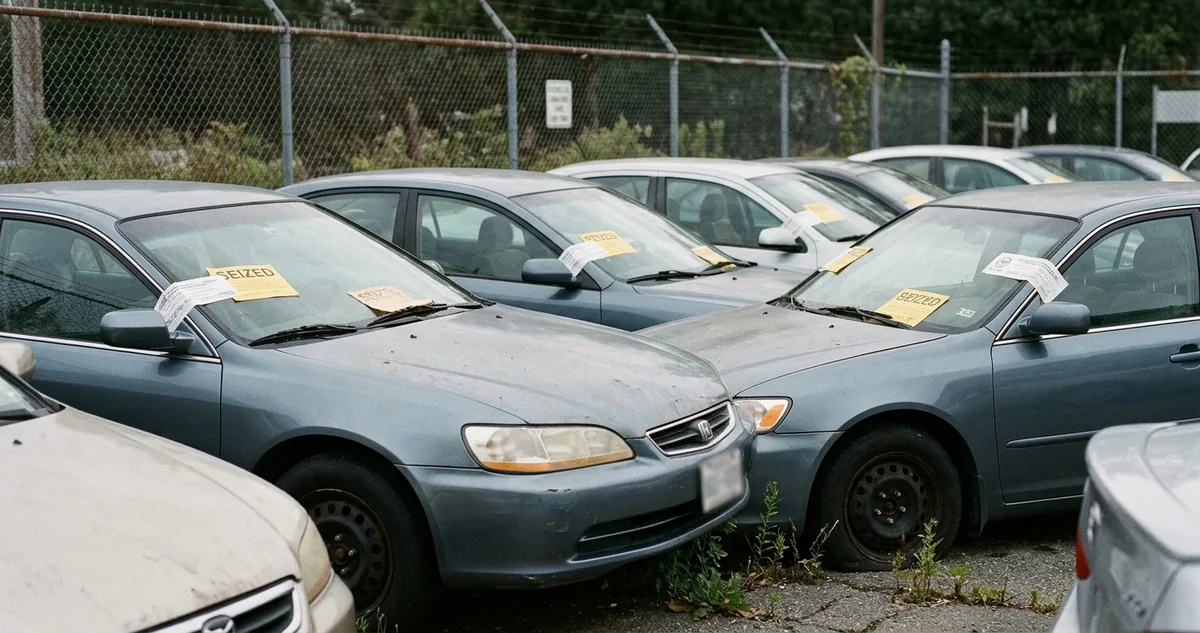 Carros penhorados parados em pátio judicial cercado.
