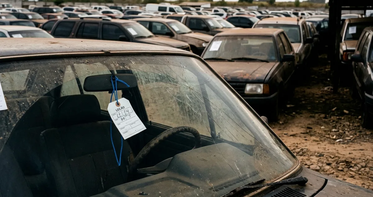 Tarjeta metálica regravada no cofre do motor de um sedã empoeirado em pátio de leilão, luz de fim de tarde.