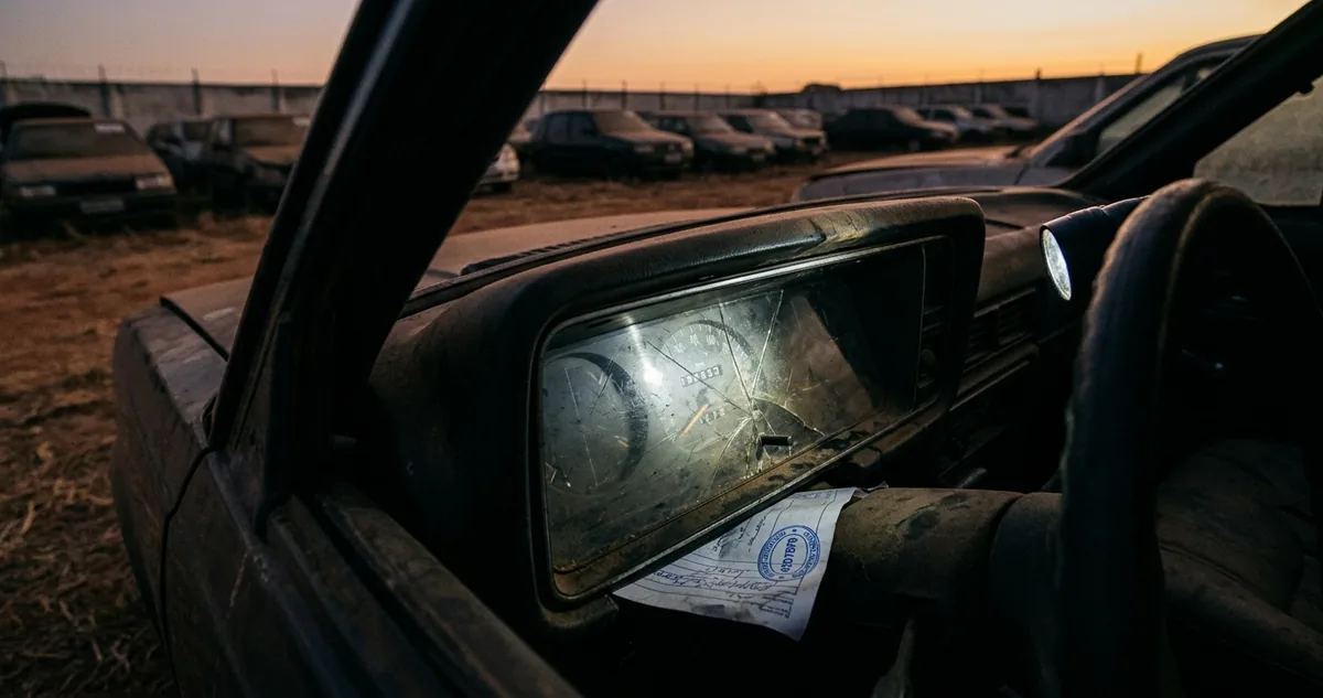 Etiqueta de papel com número de lote colada no vidro traseiro empoeirado de um sedã em pátio de leilão, luz de fim de tarde.