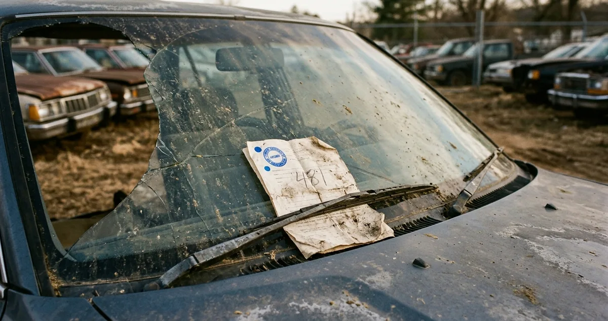 Folha A4 com carimbo de aditivo presa com clipe sobre uma prancheta apoiada no capô empoeirado de um carro de pátio, luz de fim de tarde.