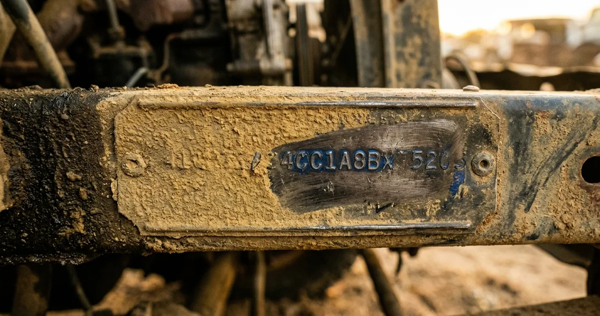 Bloco de motor de ferro fundido com a área plana gravada por dígitos de identificação, sob luz de oficina.