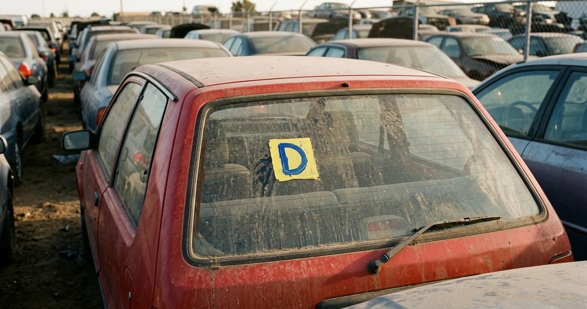 Adesivo amarelo com a letra D no vidro traseiro de um Fiat Uno vermelho num pátio.