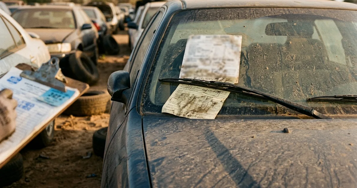 Uma guia de imposto impressa ao lado de uma nota de arrematação e uma chave de carro sobre uma mesa de metal.