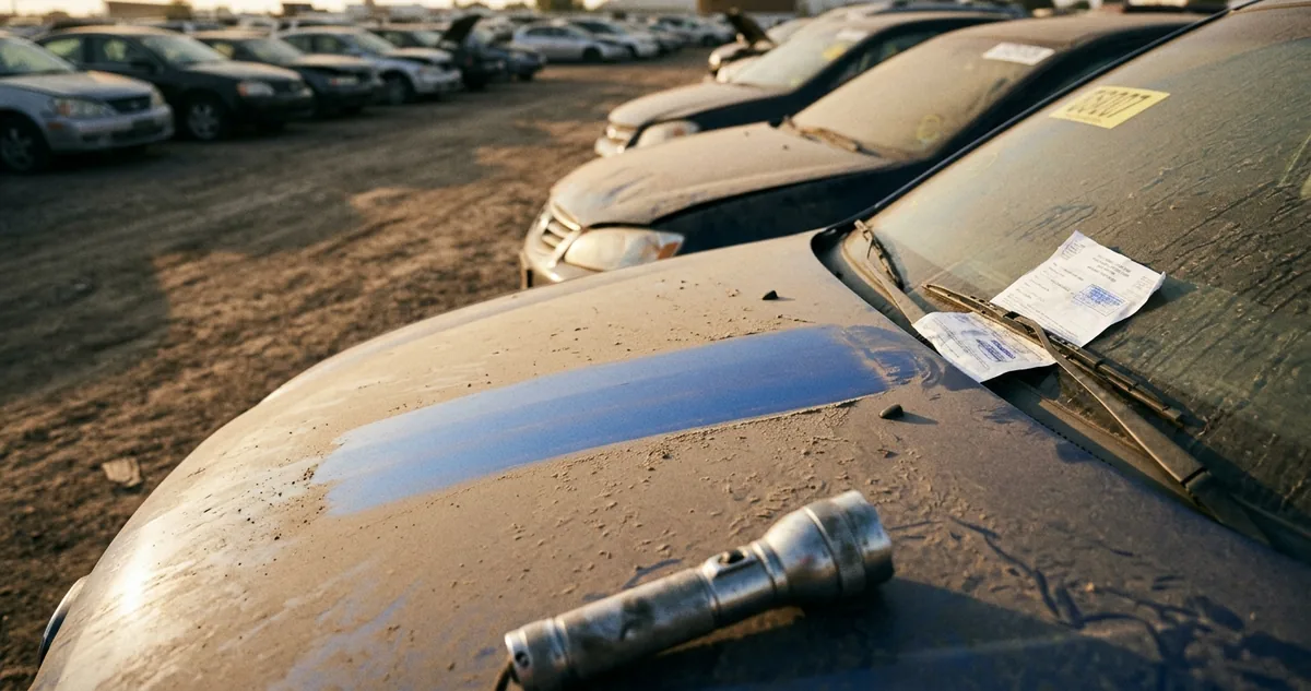 Um comprovante de Pix em papel térmico preso por um clipe a um edital de leilão impresso, sobre o banco de um carro.