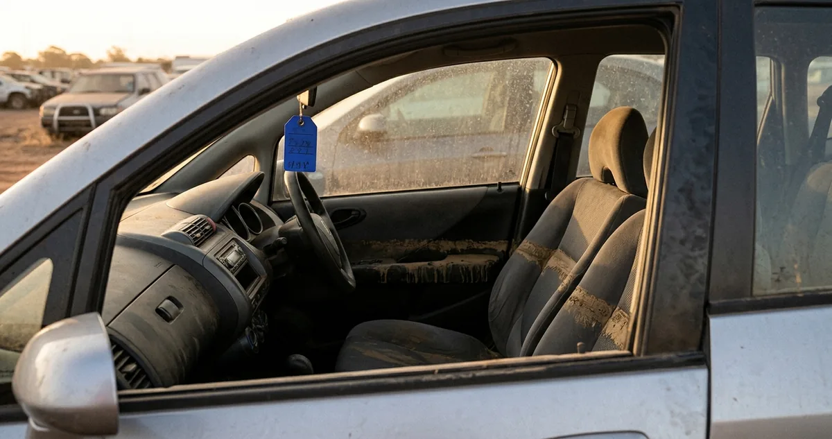 Uma plaqueta metálica de identificação com números gravados, presa na coluna da porta de um carro prata num pátio.