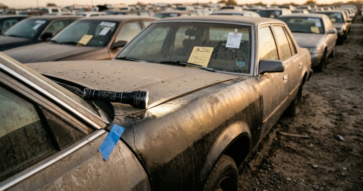 Volante preto de miolo liso, sem inscrição, num carro popular vermelho parado num pátio de leilão.