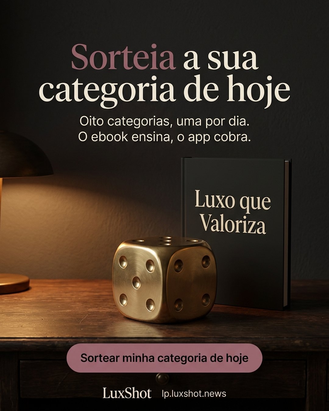 Sorteia a sua categoria de hoje. Oito categorias, uma por dia. O ebook ensina, o app cobra. Sortear minha categoria de hoje.