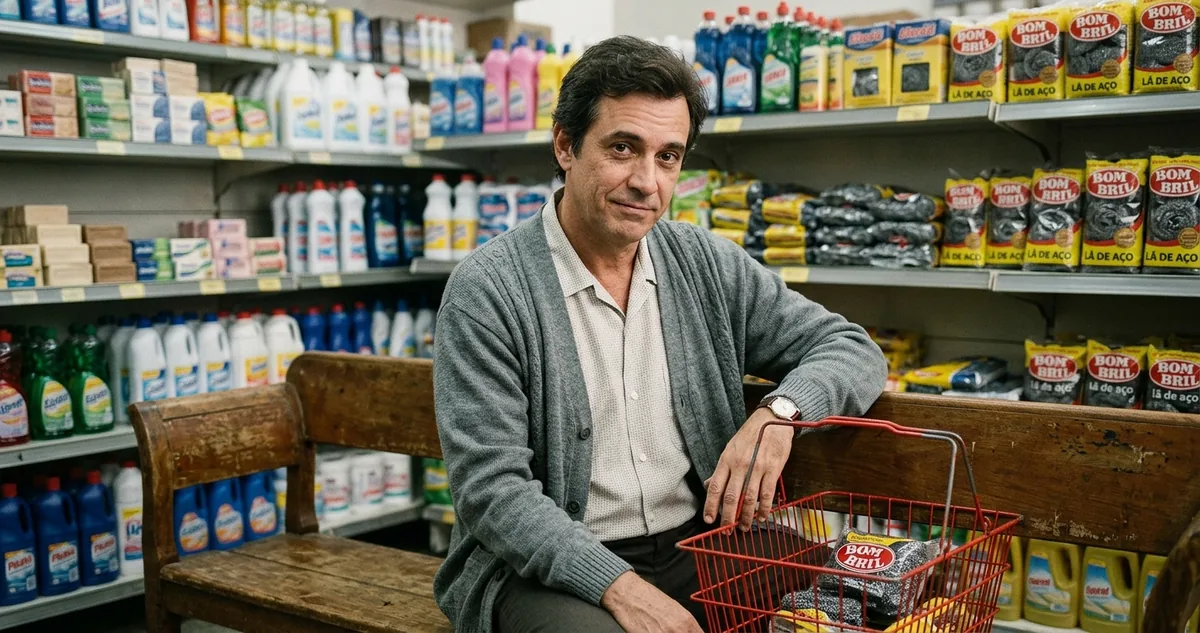 Prateleira de supermercado com pacotes de esponja de aço de marcas diferentes lado a lado e a etiqueta de preço embaixo.