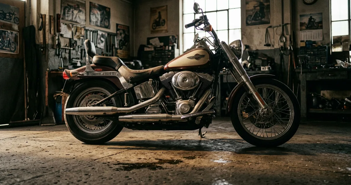 Tanque cromado de moto com o escudo da Harley-Davidson e, ao lado, um frasco de perfume com o mesmo escudo numa prateleira de perfumaria.