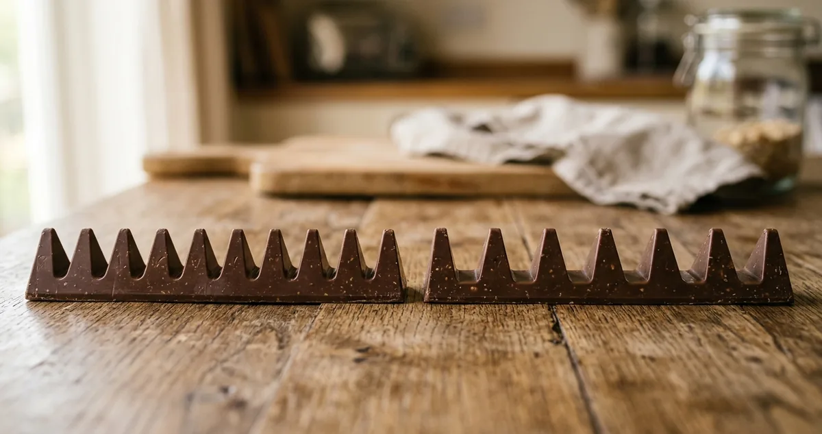 Barra de chocolate triangular com os picos afastados por vales largos, ao lado da caixa amarela alongada.