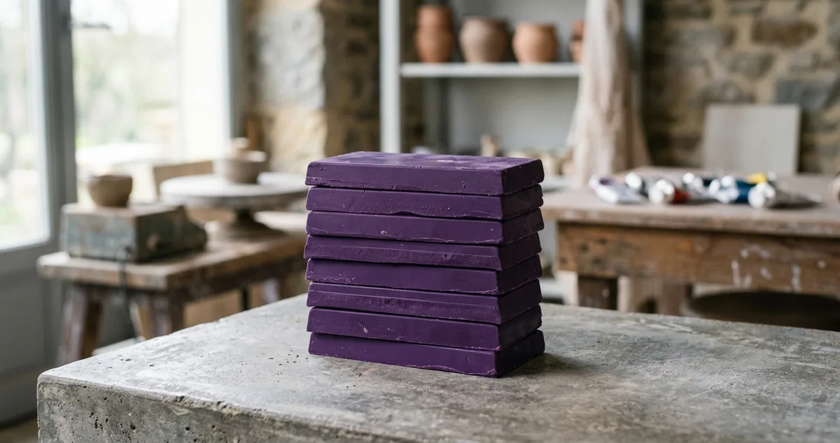 Barra de chocolate com embalagem roxa em tom Pantone 2685C sobre a bancada de um tribunal.