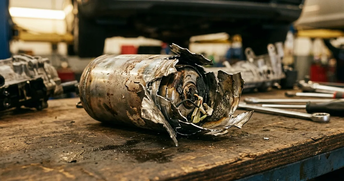 Inflador de airbag da Takata aberto sobre bancada, com a pastilha de propelente à mostra.