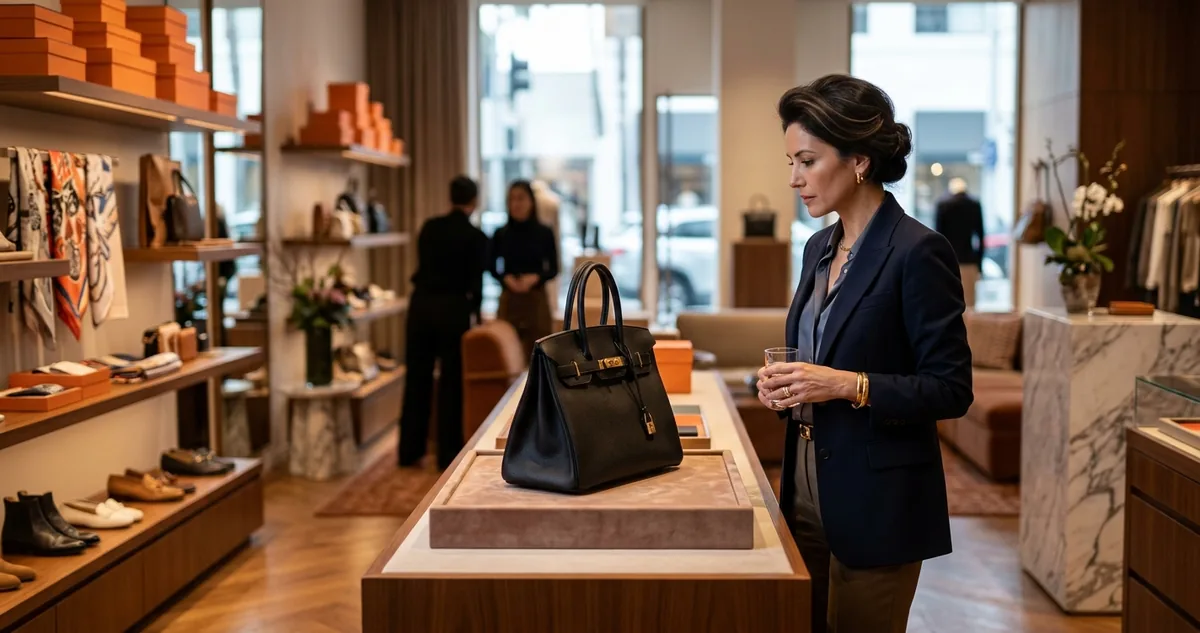 Bolsa Birkin da Hermès guardada em sacola de flanela atrás do balcão de uma loja.