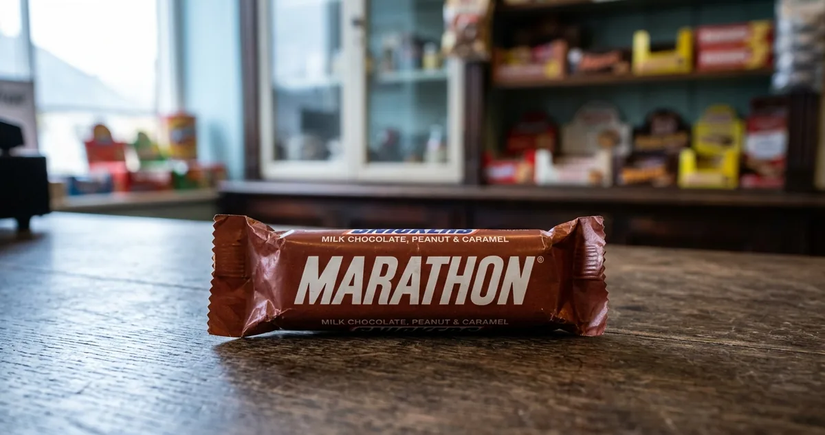 Barra de chocolate com amendoim em papel de embalagem sobre balcão de banca britânica.