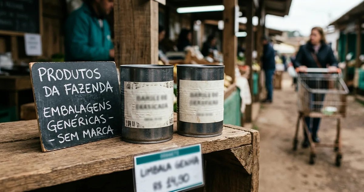 Lata antiga de leite condensado com a ilustração de uma camponesa carregando um balde, no balcão de um armazém.