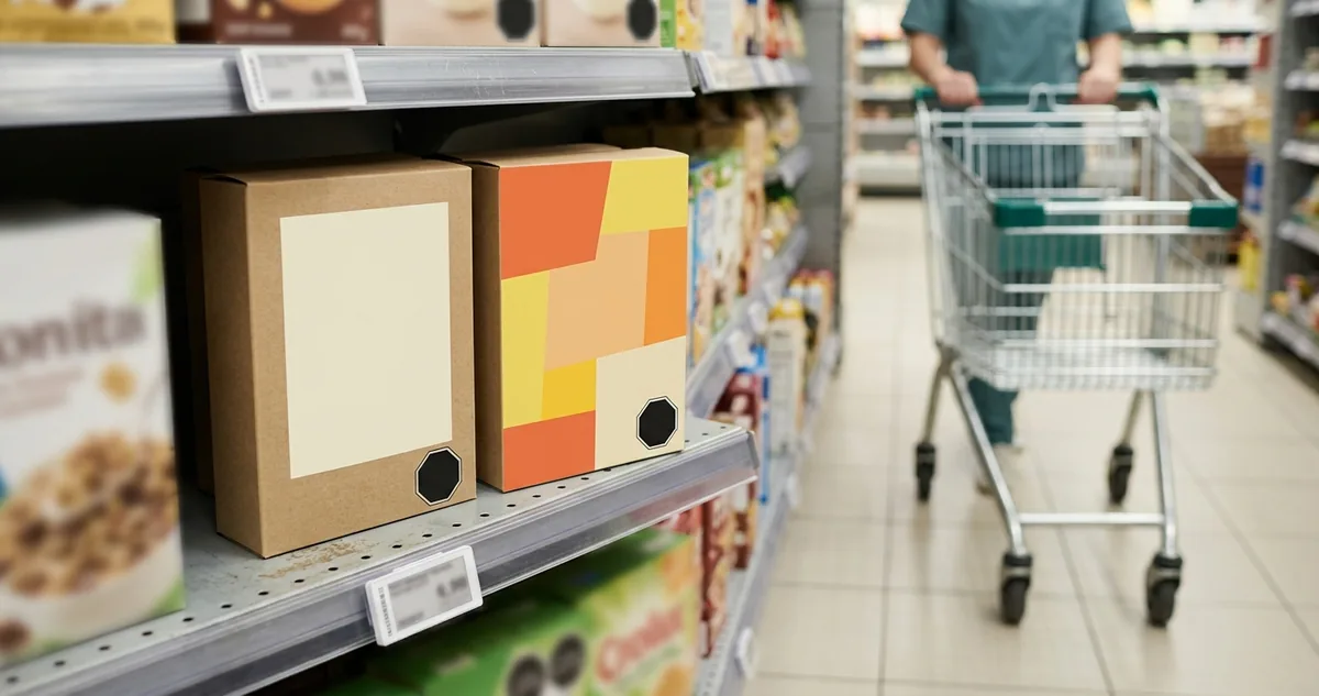 Caixa de cereal numa prateleira de supermercado chileno com dois octógonos pretos de advertência.