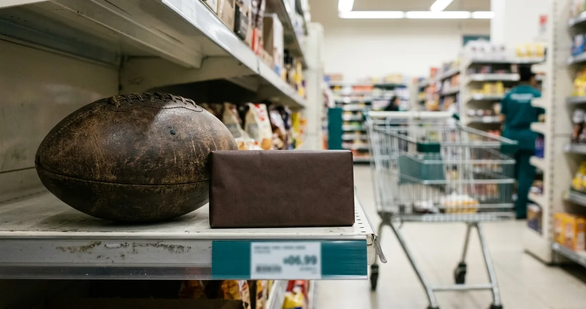 Barra de chocolate escuro crocante ao lado de uma bola de couro antiga.