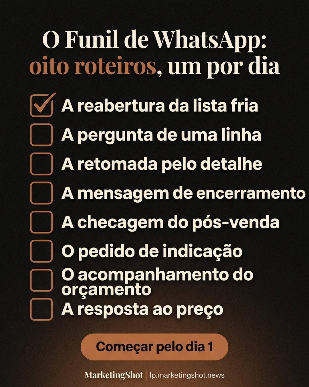 O Funil de WhatsApp: oito roteiros, um por dia: A reabertura da lista fria, A pergunta de uma linha, A retomada pelo detalhe, A mensagem de encerramento, A checagem do pós-venda, O pedido de indicação, O acompanhamento do orçamento, A resposta ao preço. Começar pelo dia 1.