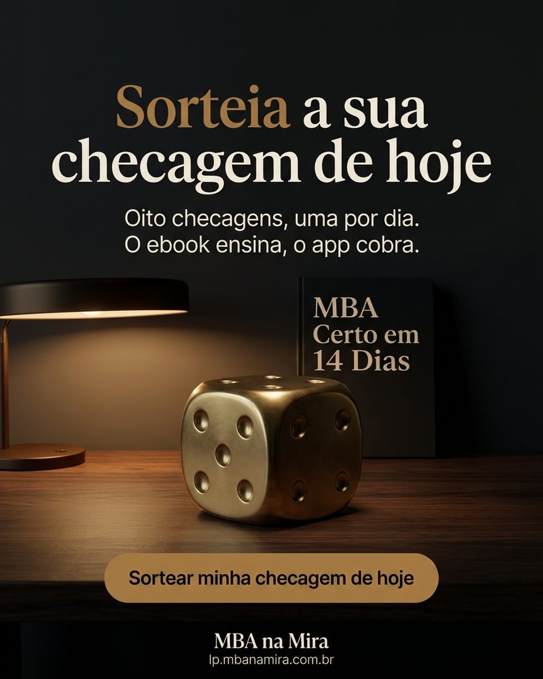 Sorteia a sua checagem de hoje. Oito checagens, uma por dia. O ebook ensina, o app cobra. Sortear minha checagem de hoje.