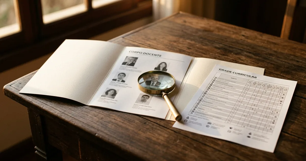 Folder de pós-graduação aberto na página do corpo docente, com uma lupa sobre a foto de um professor.