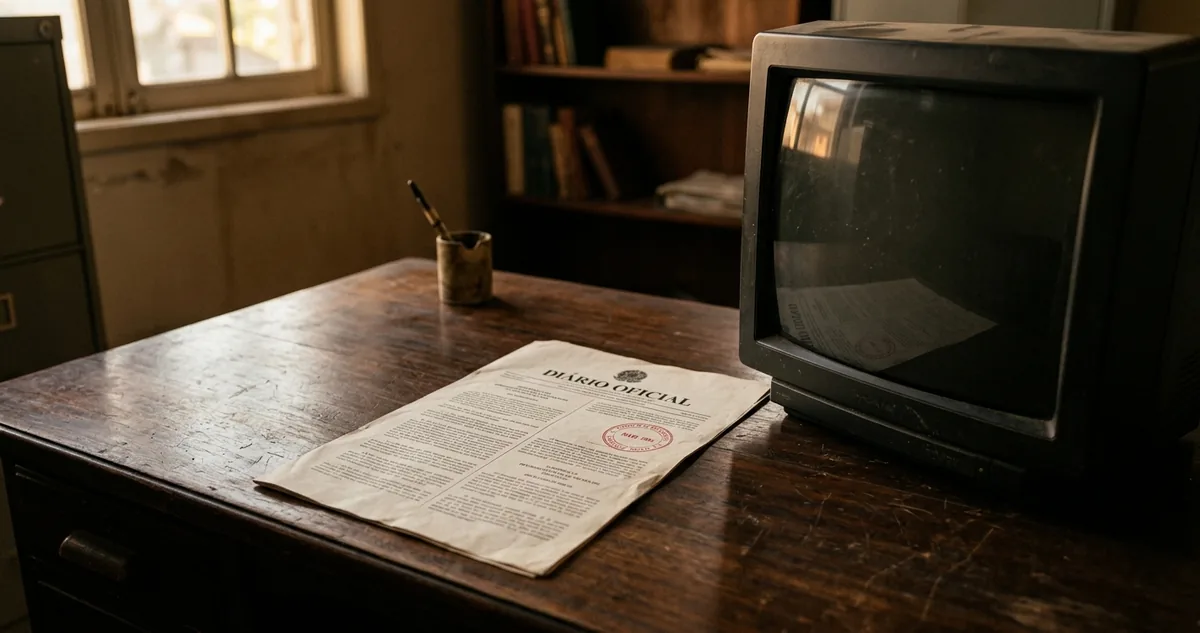 Folha do Diário Oficial com carimbo de data ao lado de um monitor desligado.