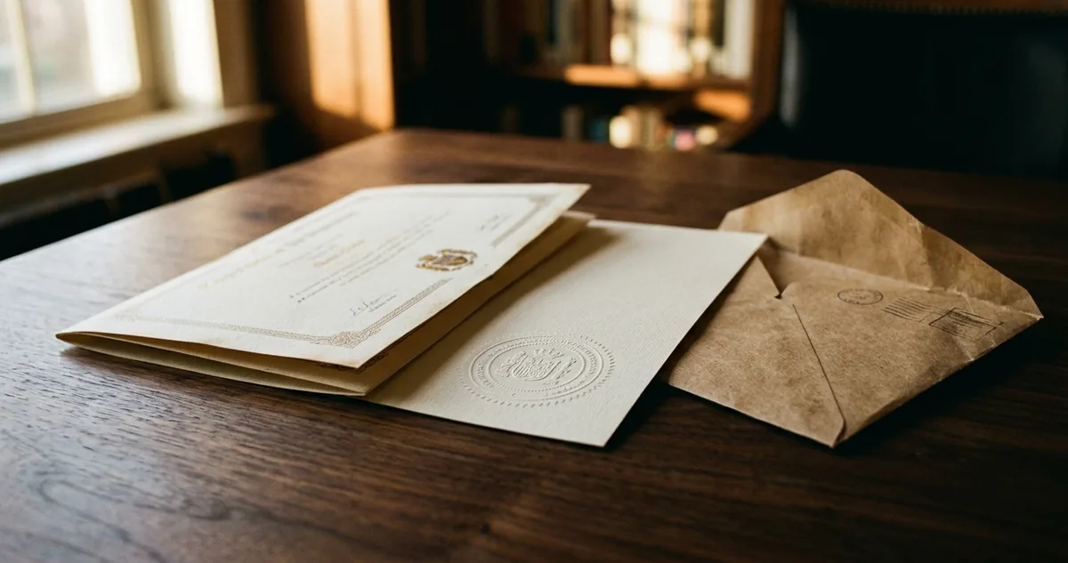 Diploma estrangeiro dobrado ao lado de um selo de apostila em relevo.