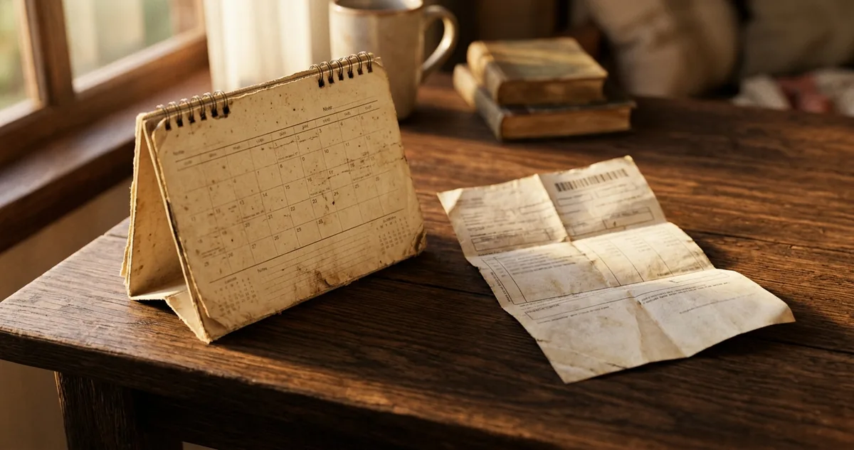 Calendário de mesa de papel envelhecido ao lado de um boleto dobrado sobre madeira escura.
