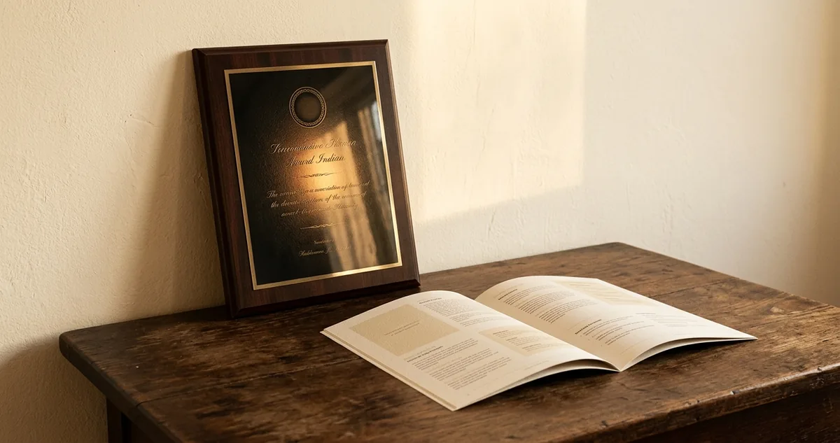 Placa de premiação emoldurada apoiada na parede ao lado de um folheto de curso aberto sobre mesa de madeira escura.
