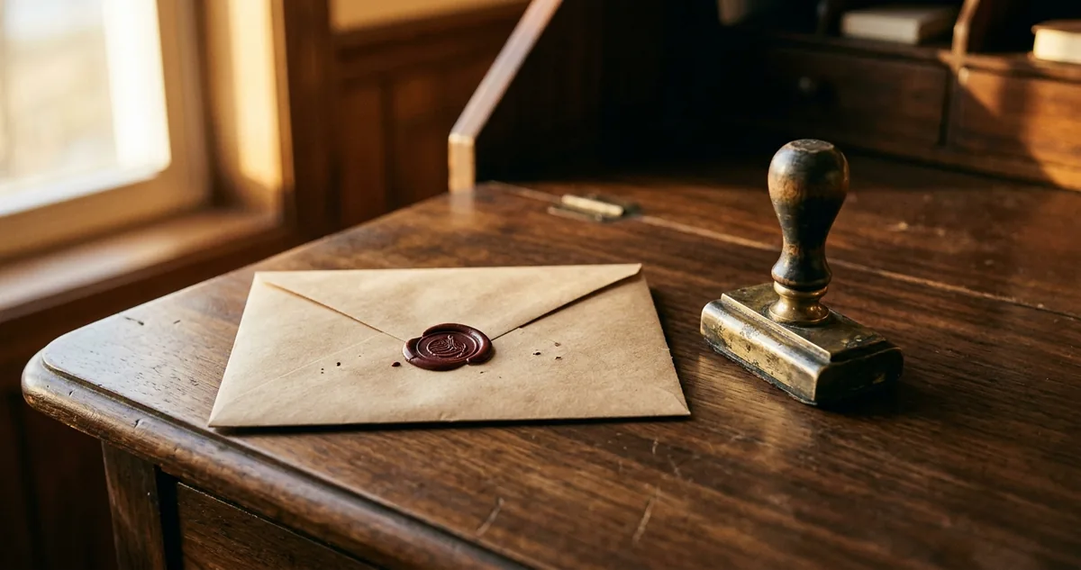 Envelope pardo lacrado e carimbo de metal sobre balcão de secretaria de madeira escura.