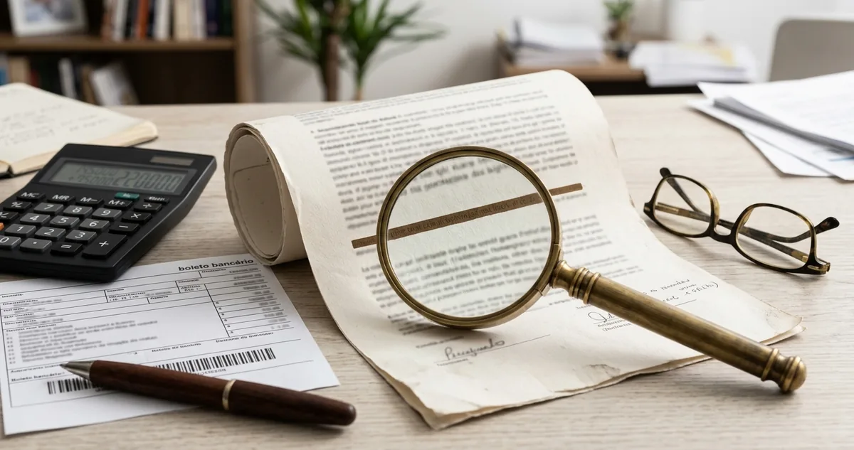 Convenção coletiva grampeada aberta numa página de cláusulas numeradas, ao lado de um carimbo de protocolo.