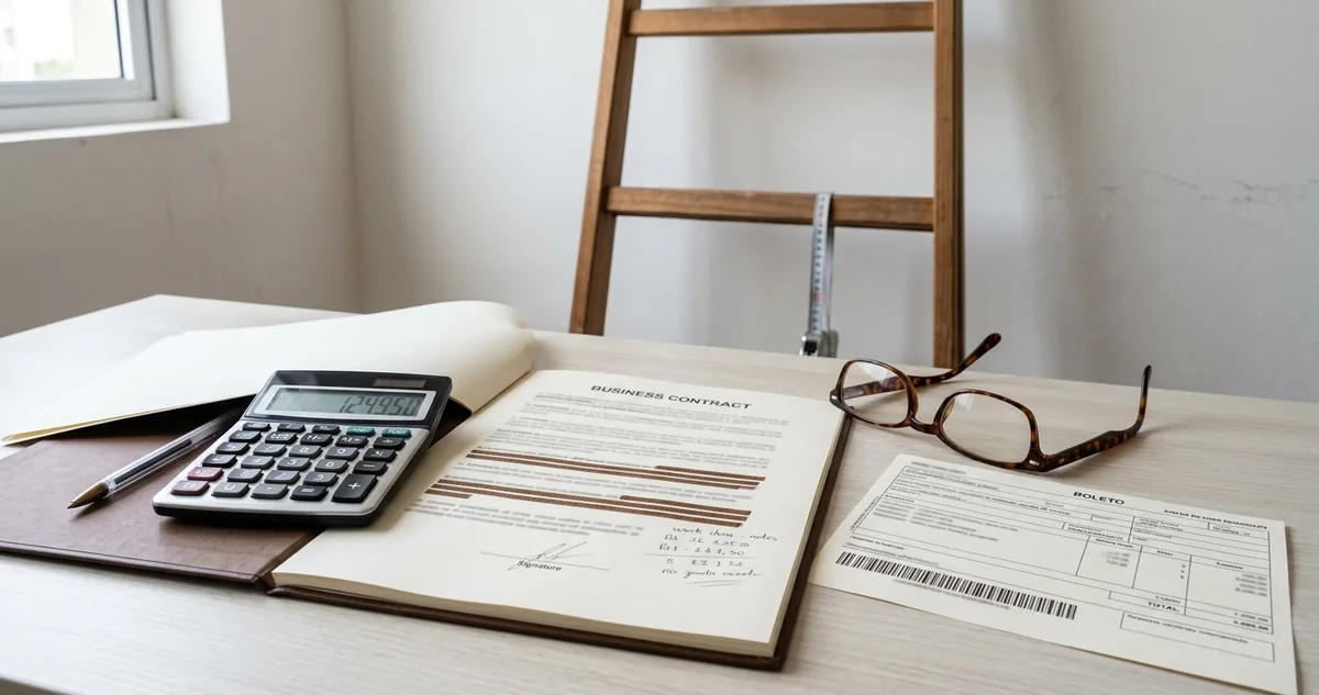 Tabela impressa de faixas de escolaridade com uma linha ausente entre duas outras, ao lado de uma calculadora.