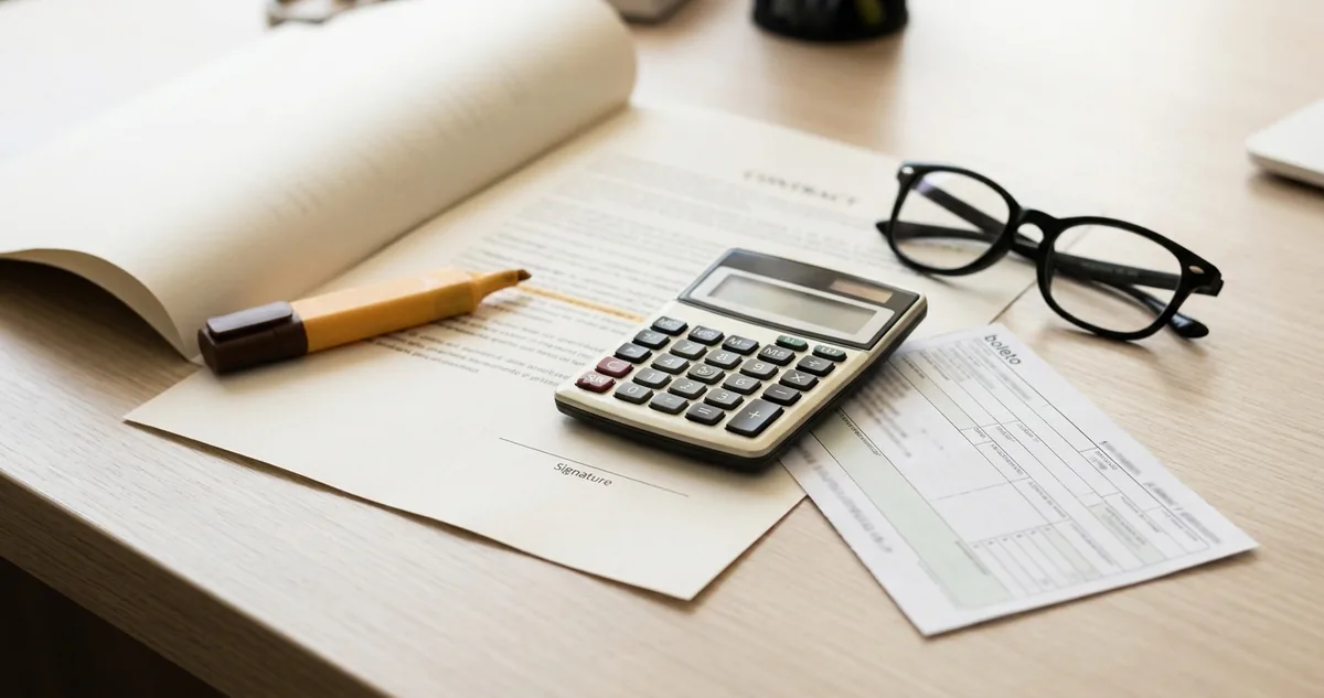 Seis cadernos de prova em leque ao lado de um lápis e uma calculadora.